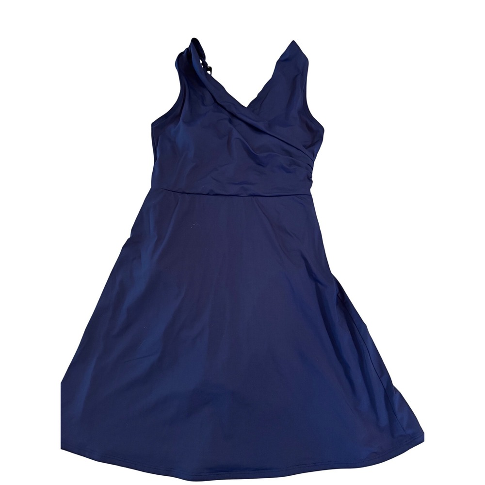 Lands End Navy‎ Blue Surplice V-Neck Swim Dress One Piece Swimsuit 6L